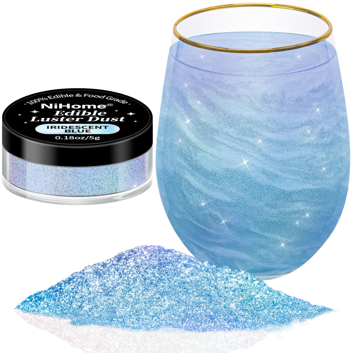 NiHome 0.18oz/5g Edible Food-Grade Glimmer Powder Glitter Luster Dust Metallic Food Decorating Sprinkle Dust for Drink Wine Beverage Cake Candy Dessert Bakery Restaurant Vegan (Iridescent Blue)