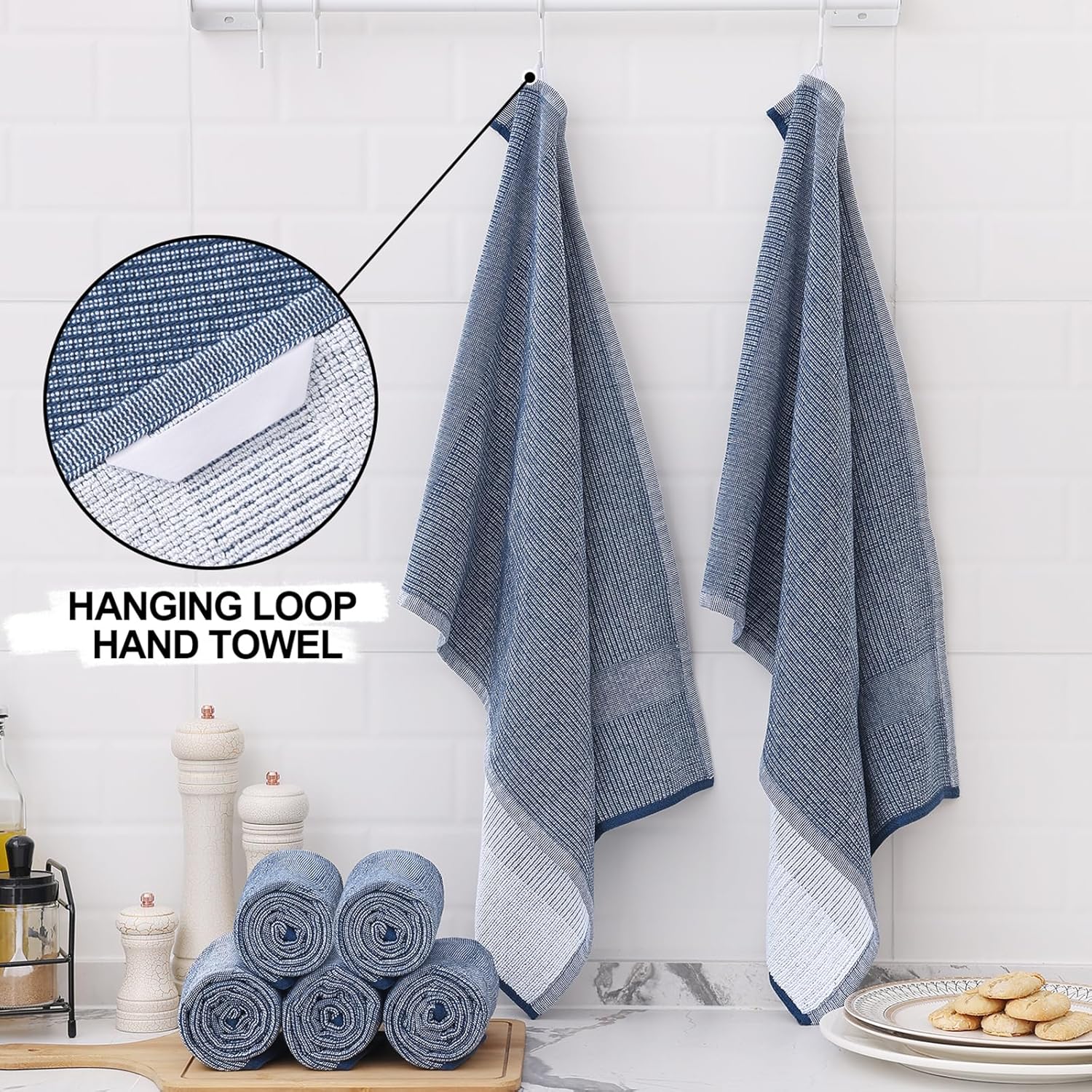 Homaxy Premium Kitchen Towels(18”x 28”, 8 Pack), Large Cotton Kitchen Hand Towels, Flat and Terry Dish Towels, 380 GSM Highly Absorbent Tea Towel Set with Hanging Loop, Navy Blue