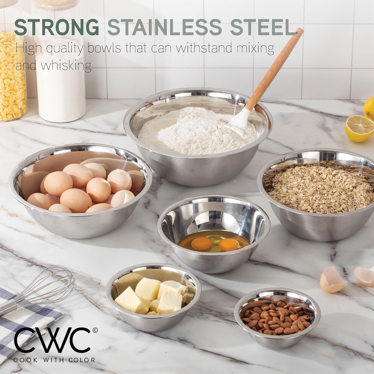 COOK WITH COLOR Stainless Steel Mixing Bowls Set - Nesting Bowls, 6 Pieces, Silver with Non Slip Bottom