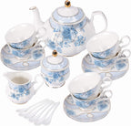 fanquare Blue Flowers Porcelain Tea Set, Tea Cup and Saucer Set Service for 6, Wedding Tea Set with Sugar Bowl Cream Pitcher, Floral Coffee Set for Tea Party