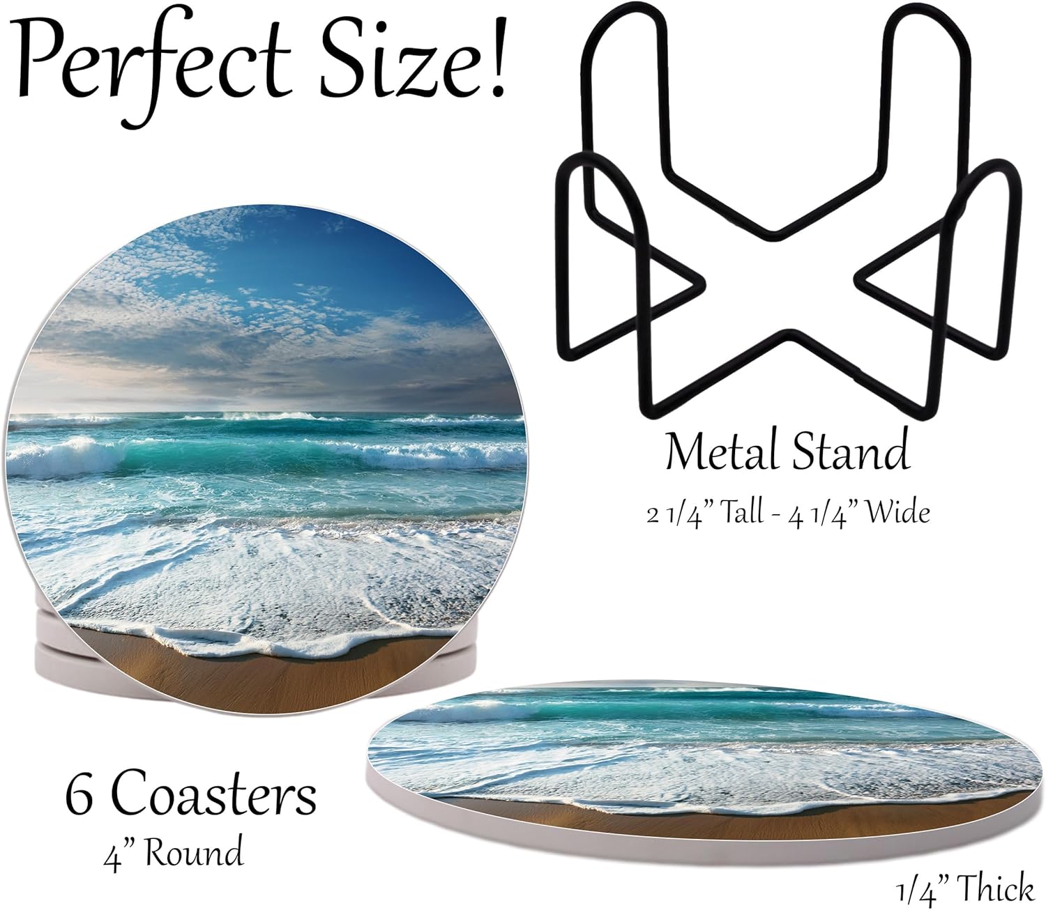 Ocean Coastal Theme Round Coasters Set of 6 - Abosrbent Ceramic Coasters with Metal Stand for Drinks, Beer, Coffee, Non-Slip Cork Back for Tabletop Protection, 4 Inches (Beach)