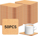 50 PCS Cork Coasters Bulk,Blank Square Cork Coasters DIY Crafts, Non-Slip Heat-Resistant Reusable Coffee Coaster, Suitable for Home Desktop Decoration