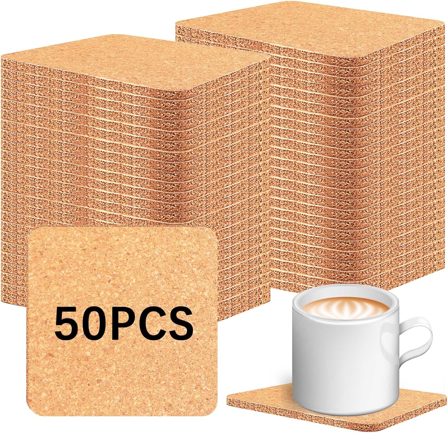 50 PCS Cork Coasters Bulk,Blank Square Cork Coasters DIY Crafts, Non-Slip Heat-Resistant Reusable Coffee Coaster, Suitable for Home Desktop Decoration