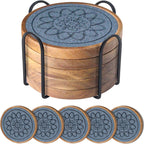 5 Pack Absorbent Coasters for Coffee Table with Holder, Wood Coasters with Felt Pads, Non-Slip, Non-Stick, Suit for Kinds of Cups 4.3 inch (Gray)