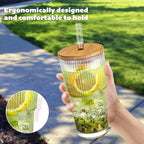 20 oz Ribbed Glass Tumblers with Bamboo Lids and Straws, 2 Pcs Wide Mouth Thickened Vintage Glass Cup for Boba, Iced Coffee, Juice