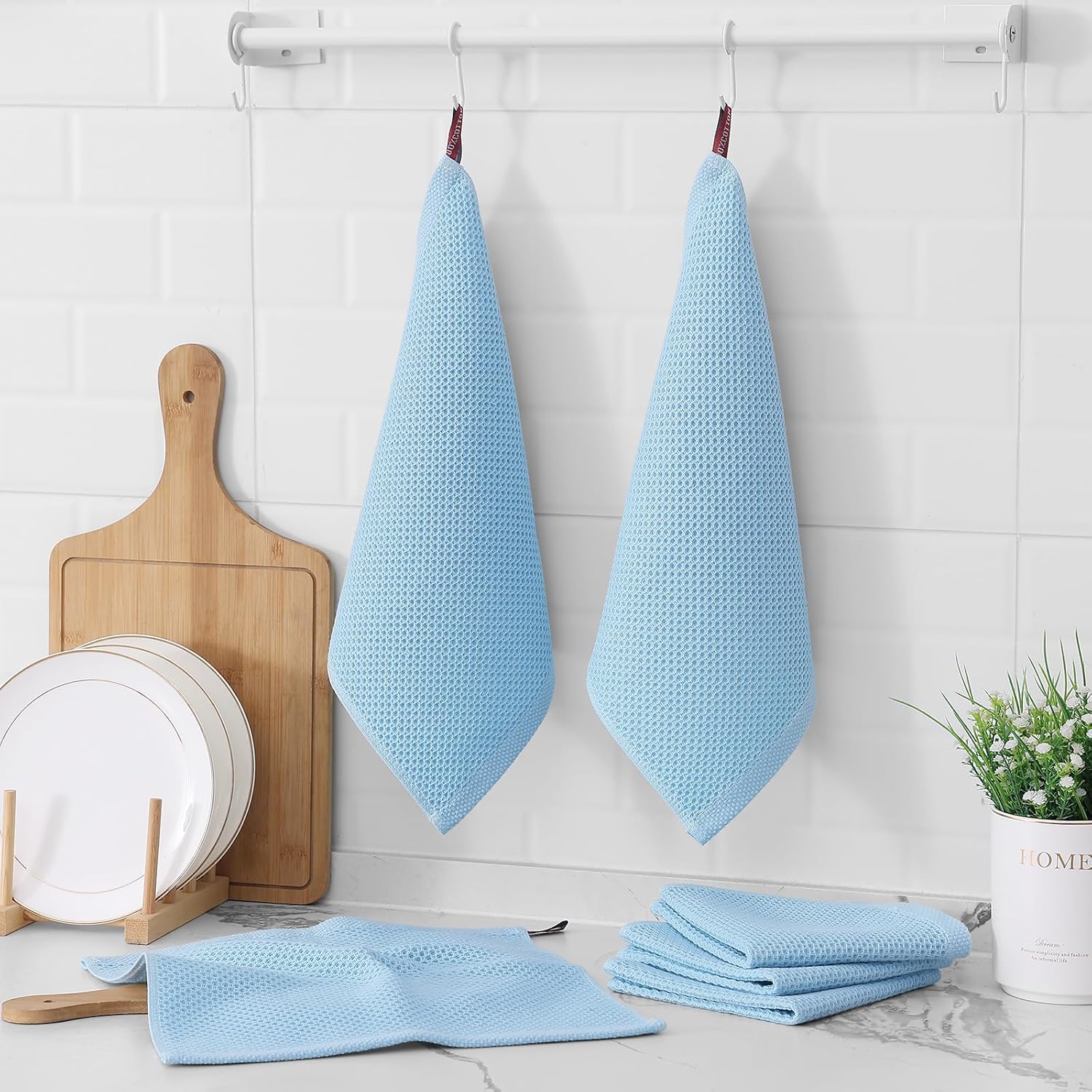 Kitinjoy 100% Cotton Kitchen Dish Cloths (12 X 12 Inches, Sky Blue),8 Pack Waffle Weave Ultra Soft Absorbent Dish Towels for Drying Dishes Quick Drying Kitchen Towels Dish Rags