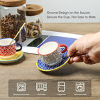 Selamica Ceramic Espresso Cups with Saucers and Metal Stand, 4 OZ Stackable Demitasse Cups for Latte Coffee Café Mocha Tea, Set of 4, Assorted Colors