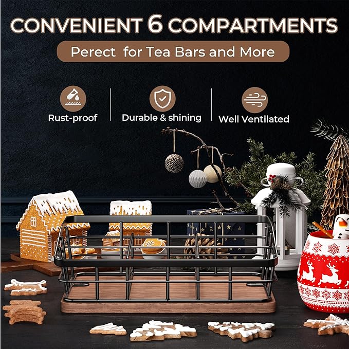 Tea Bag Organizer, Tea Bag Holder Storage with 6 Slots Iron Wire Basket with Wooden Base, Tea Bar Accessories for Countertop Cabinet Drawer, Tea Station for Coffee Capsules Creamer Sweetener Sugar