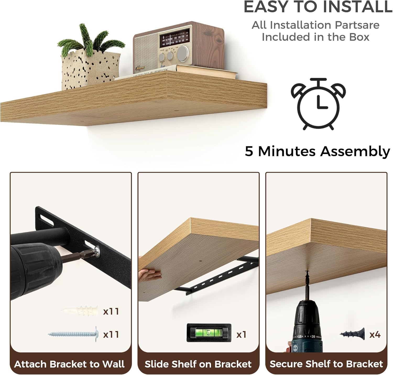 Floating Shelves for Wall, Large Wall Mounted Shelves with Invisible Brackets, Long Wood Floating Shelf for Living Room, Bedroom, Kitchen, Bathroom (Oak, 55" W x 9" D x 1.5" H)