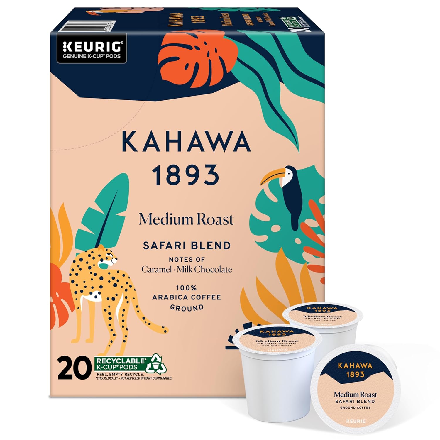 Kahawa 1893 Medium Roast Coffee K-Cup Pods Safari Blend (20 Count) - As Seen on Shark Tank, High Antioxidants, Naturally Sweet, Organically Grown & Cultivated, Ethically & Sustainably Sourced