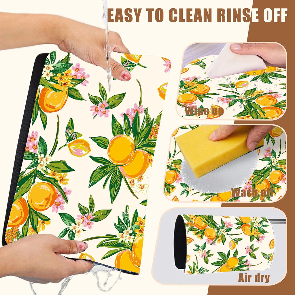 Dish Drying Mat Orange Fruit Floral Coffee Bar Mat for Countertop Absorbent Hide Stain Rubber Backed Dish Drainer Rack Pad Espresso Machine Dining Room Decoration 11.8 x 19.7 Inch