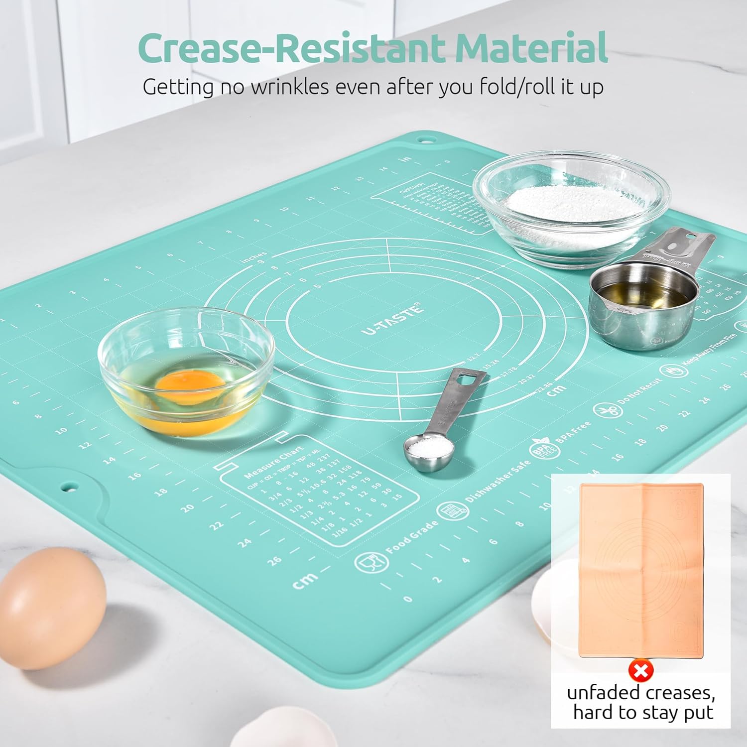 U-Taste Liquid Silicone Pastry Mat: 16"x20" Food-Grade Non-Stick Dough Rolling Baking Sheet, Non Slip for Kneading, Making Pizza, Fondant, Pie Crust with Clear Measurement and Raised Edges (Aqua Sky)