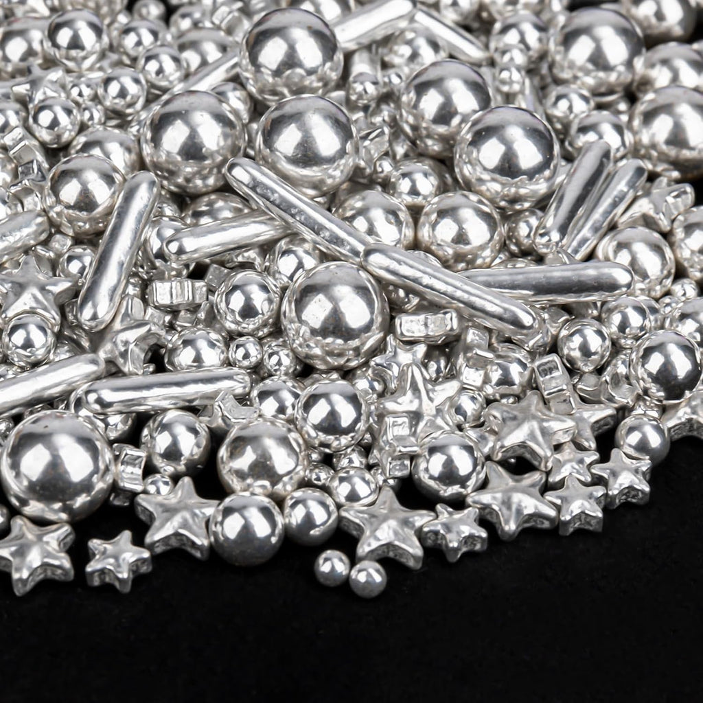 Twisweet Silver Pearl Rods Star Sprinkles, Edible Sugar Sprinkles for Cake Decorating, Mix Size Candy Pearls for Baking Cake Topper Ice Cream Cupcake Cookie Dessert Decorations, Wedding Valentines Birthday Christmas Easter Supplies (130g/4.58oz)