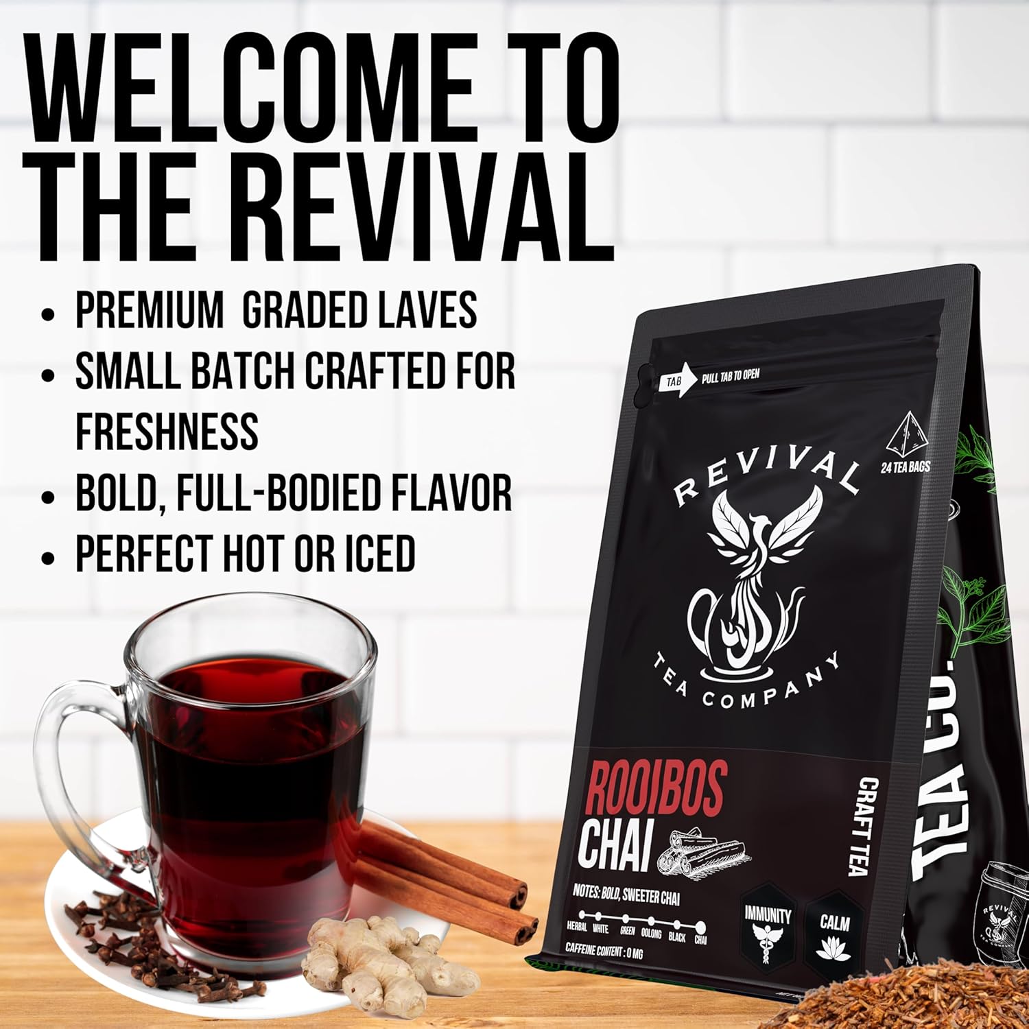 Revival Tea Company Rooibos Chai Tea - Rooibos Red Tea Blend with Fresh Spiced Chai Flavor - Caffeine Free - Loose Leaf 8 Ounces