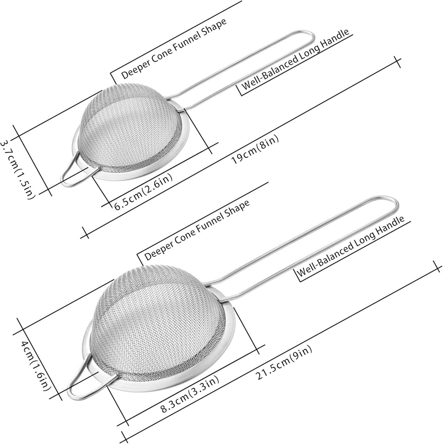 2 Pack Fine Mesh Strainers, Mini Stainless Steel Strainer with Handle for Kitchen, Metal Sieve Sifters for Straining Tea, Matcha, Cocktail, Juice and Coffee (8.6in 7.5in)