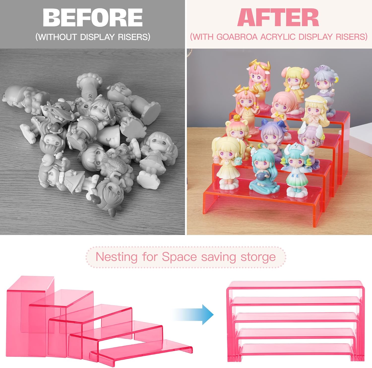 Goabroa Acrylic Display Risers, 2 Sets 10 Pcs Perfume Stand Organizer, Rectangular Riser Shelves for Figures, Cupcake, perfume display, Wine Glass and Handbag display，Transparent Pink