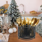 360° Rotating Metal Utensil Caddy - 4 Compartment Silverware Cutlery Holder Rotation Fork Spoon Napkin Organizer Flatware Storage Basket Party Countertop Buffet Picnic Camping Outdoor Black