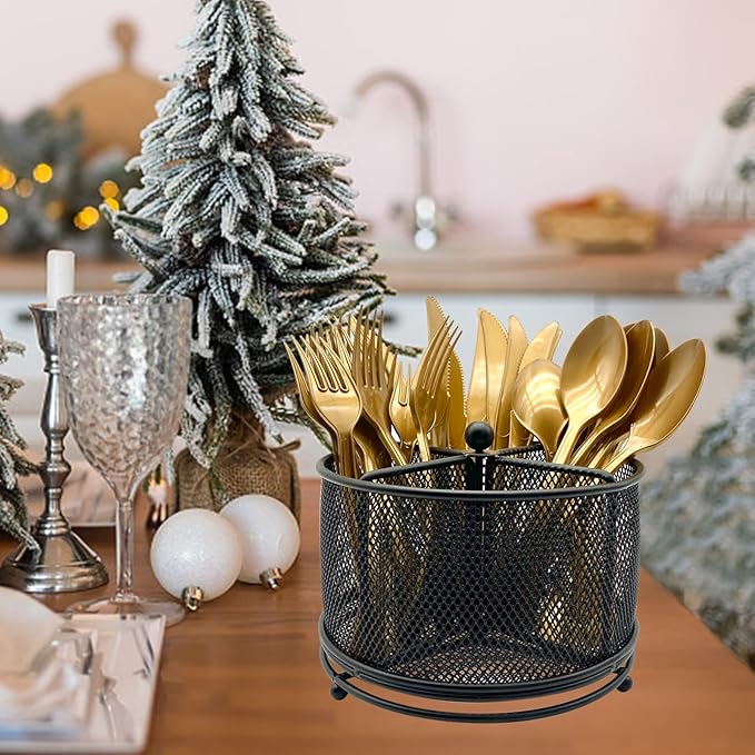 360° Rotating Metal Utensil Caddy - 4 Compartment Silverware Cutlery Holder Rotation Fork Spoon Napkin Organizer Flatware Storage Basket Party Countertop Buffet Picnic Camping Outdoor Black