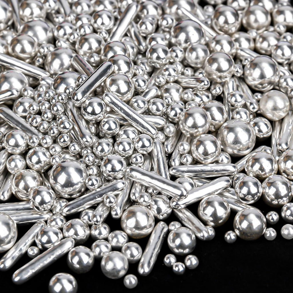 Silver Pearl Rods Sprinkles, Twisweet Edible Sugar Sprinkles for Cake Decorating Mix Size Candy Pearls for Baking Cake Topper Ice Cream Cupcake Cookie Dessert Decorations, Wedding Day Valentines Birthday Party Christmas Easter Supplies (130g/4.58oz)