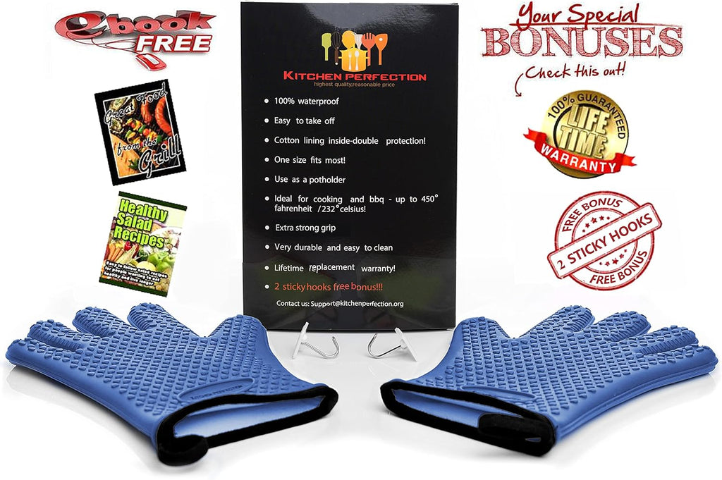 KITCHEN PERFECTION XL Silicone Smoker Oven Gloves-Extreme Heat Resistant BBQ Gloves-Handle Hot Food Right on Your Grill Fryer&Pit|Waterproof Grilling Cooking Baking Mitts|Superior Value Set+3 Bonuses