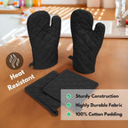 Native Fab Pot Holders and Oven Mitts Sets for Kitchen Heat Resistant - Hanging Non-Slip - 100% Cotton Kitchen Oven Mitts and Pot Holders 4-Piece Set - Black