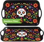 Oasis Choice 2-Pack Day of the Dead Bamboo Fiber Serving Trays - 18x13 Inch Extra Large w/Handles for BBQ, Picnic, Party - Durable Lightweight Serving Platters - Sugar Skull and Marigold Decor (Black)