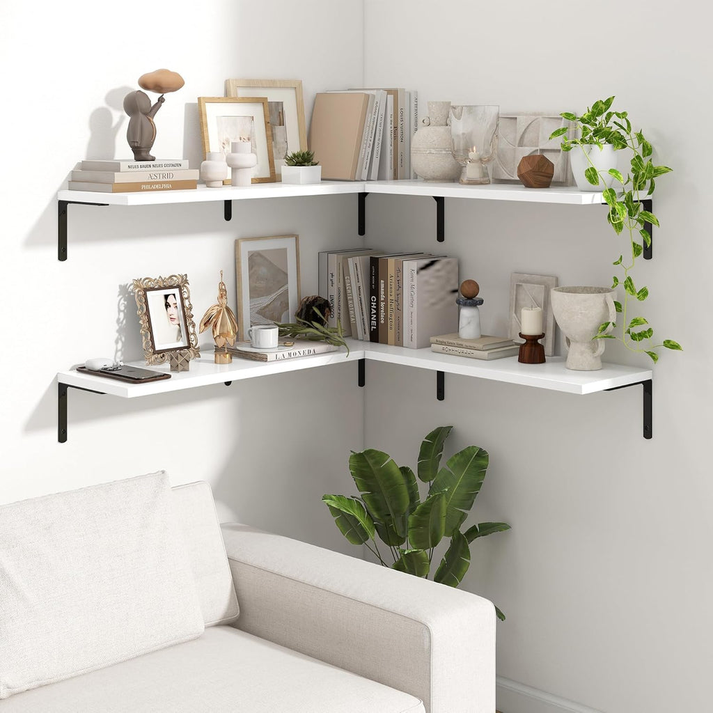 Fun Memories Deep Floating Shelves, 36W x 8D Floating Shelves Set of 2, Wall Mounted Shelf with Metal Brackets, Rustic Wood Wall Shelf for Bathroom, Kitchen and Living Room, White