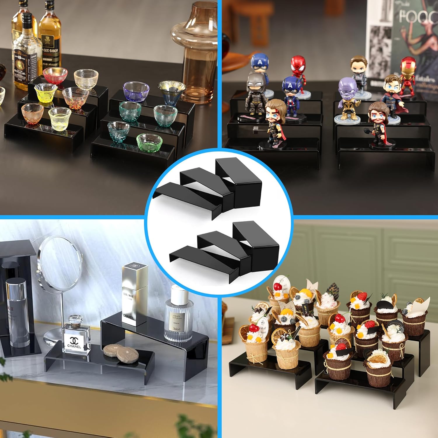 Goabroa Black Acrylic Display Risers, 3 Tiers 2 Set (6 Pcs) Acrylic Shelves Organizer Display Stand, Conutertop Desktop Stands for Decoration and Organizer