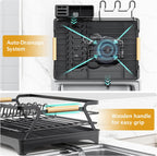 Epicano Dish Drying Rack for Kitchen Counter,Space-Saving Dish Rack,Rustproof Dish Drainer with Utensil Holder and Knife Slots for Sink,Kitchen Drying Rack with Wooden Handle and Cup Holder, Black