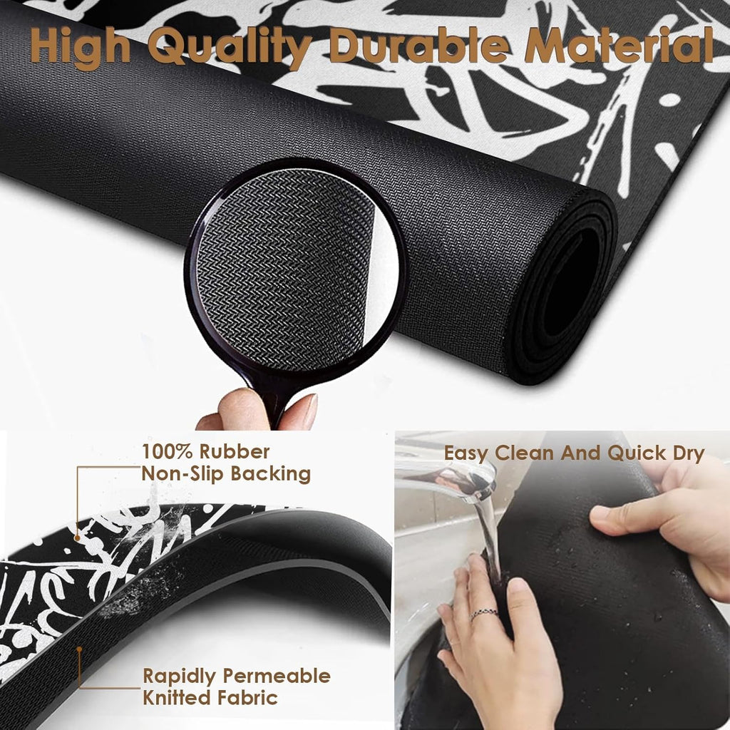 Arttown Coffee Mat for Countertops, Graffiti Abstract Letters Old School Black Dish Drying Mat 2 Pcs for Kitchen Bar Accessories, Coffee Maker Espresso Machine Dish Rack Hide Stain Rubber 12x19in