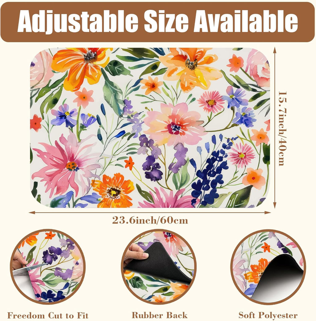 Dish Drying Mat Colorful Wildflowers Coffee Bar Mat for Countertop Rubber Backed Absorbent Hide Stain Dish Drainer Rack Pad Espresso Machine Coffee Table Dining Room Decoration 15.7 x 23.6 Inch