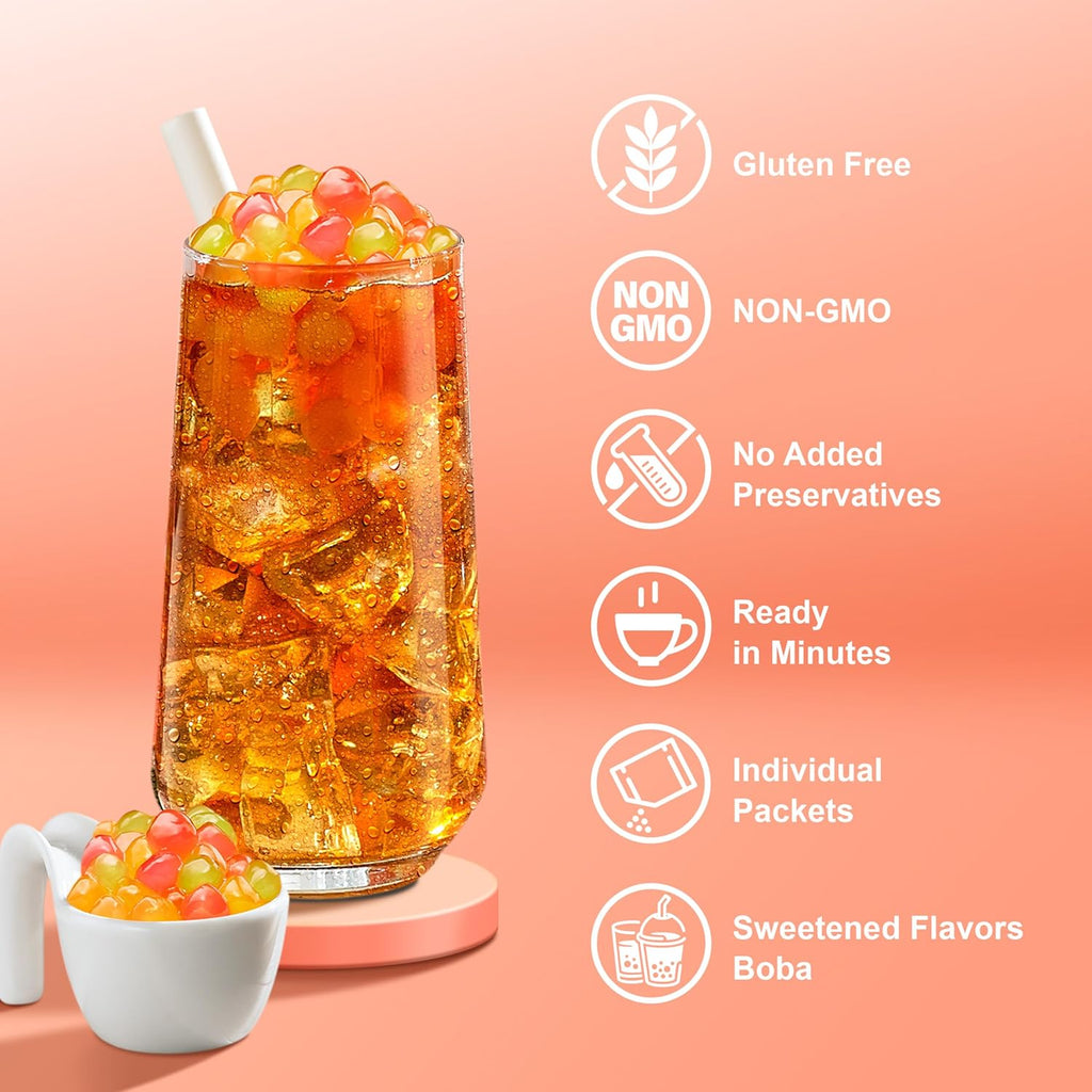 J WAY Instant Mango Peach Black Tea Kit with Authentic Fruity Colorful Tapioca Boba, Ready in Under One Minute, Paper Straws Included - 3 Servings