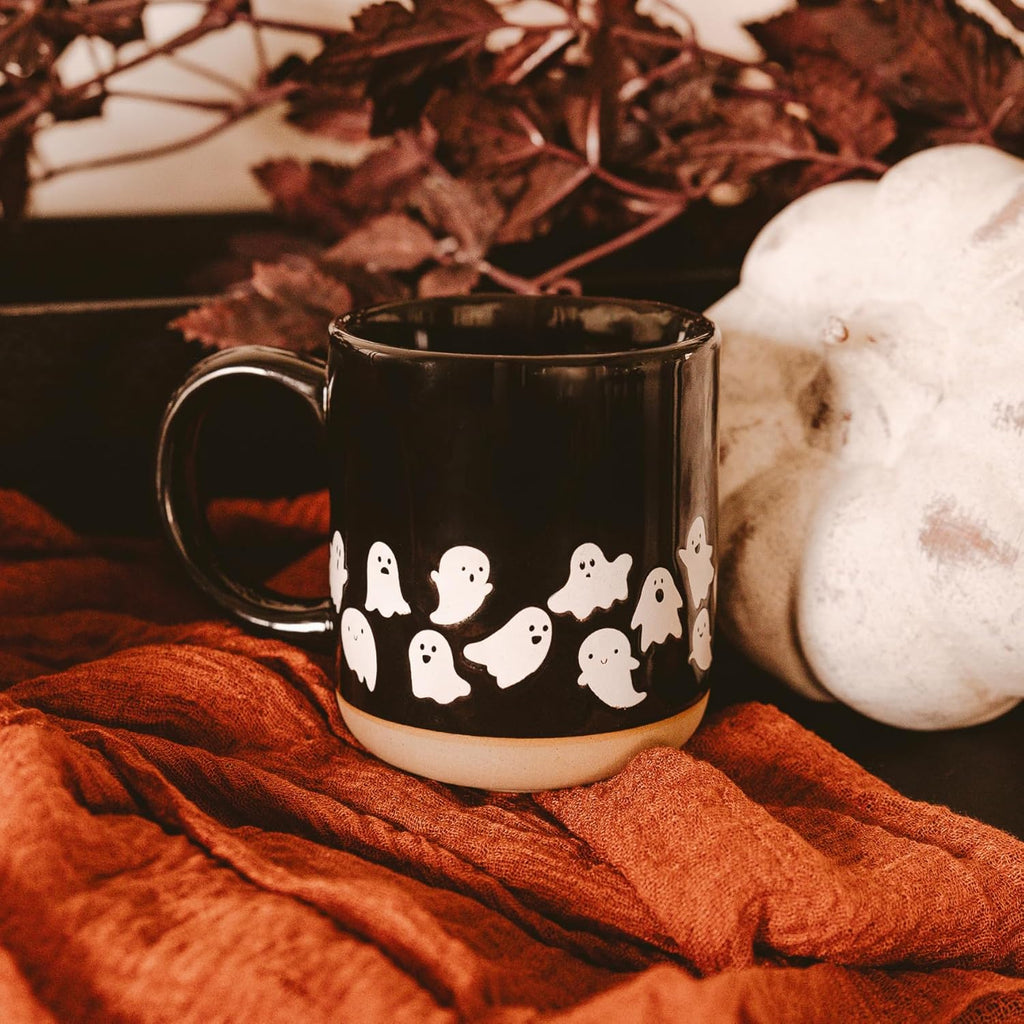 Sweet Water Decor White Ghosts Black Halloween Mugs - Halloween Coffee Mug Dishwasher & Microwave Safe - Fall Mug for Coffee & Hot Cocoa or Seasonal Brew - Black Stoneware Ghost Mugs