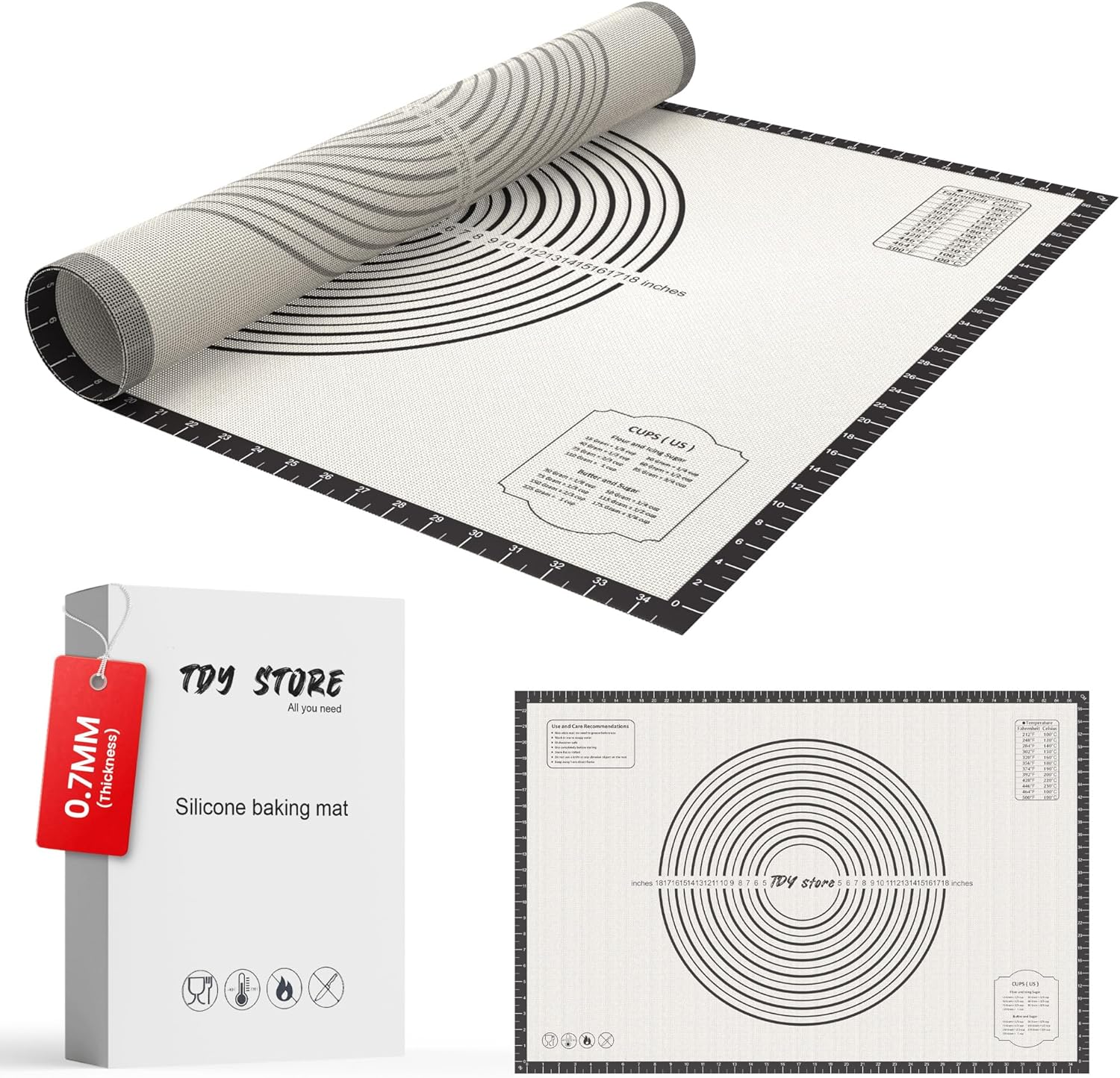 36 * 24 inches Black, Non-Slip Silicone Baking Sheets - Baking Mat with 0.7mm Thickness - Non-Stick Pastry & Cookie Mat for Kitchen Counter for Rolling Out Dough with Measurements.