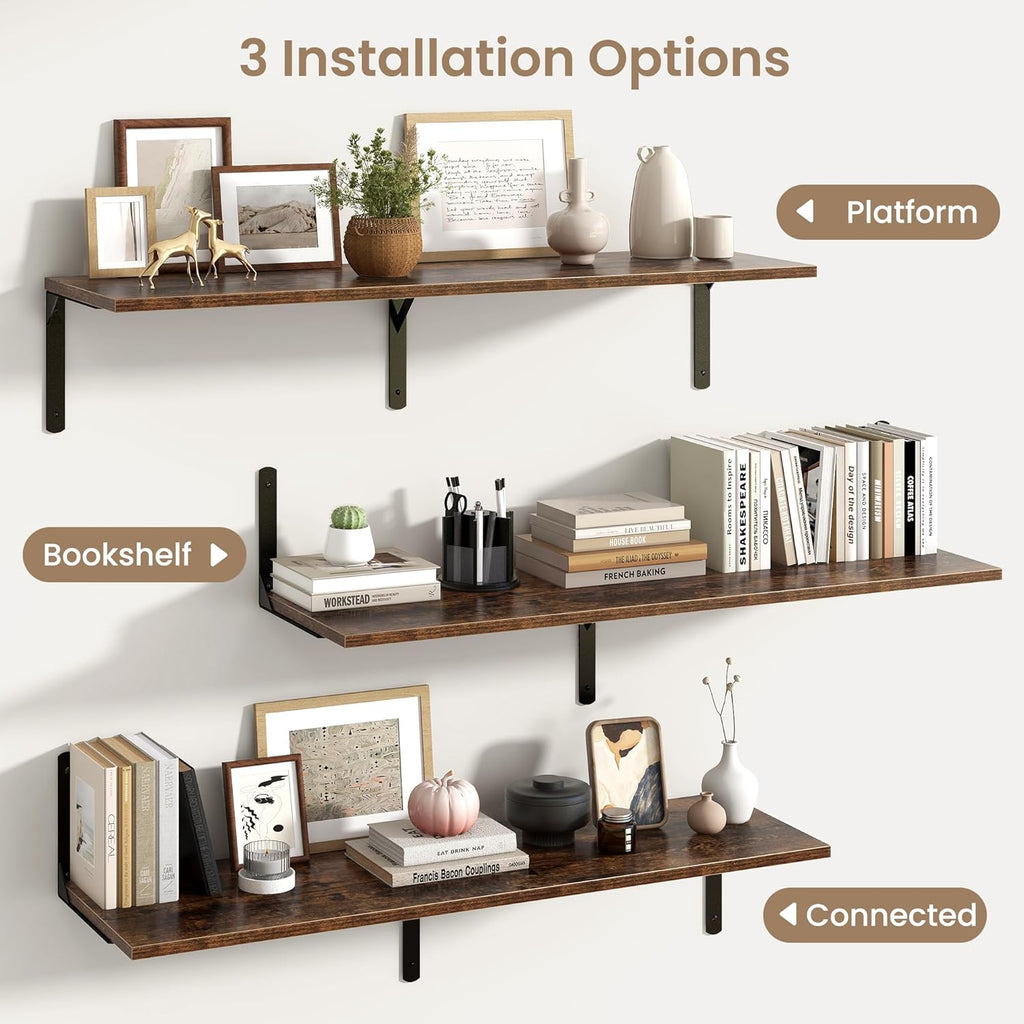 Fun Memories Rustic Brown 12 Inch Deep Floating Shelves Set of 2, Wall Mounted Shelf with Metal Brackets, Rustic Wood Wall Shelf for Bathroom, Kitchen and Living Room