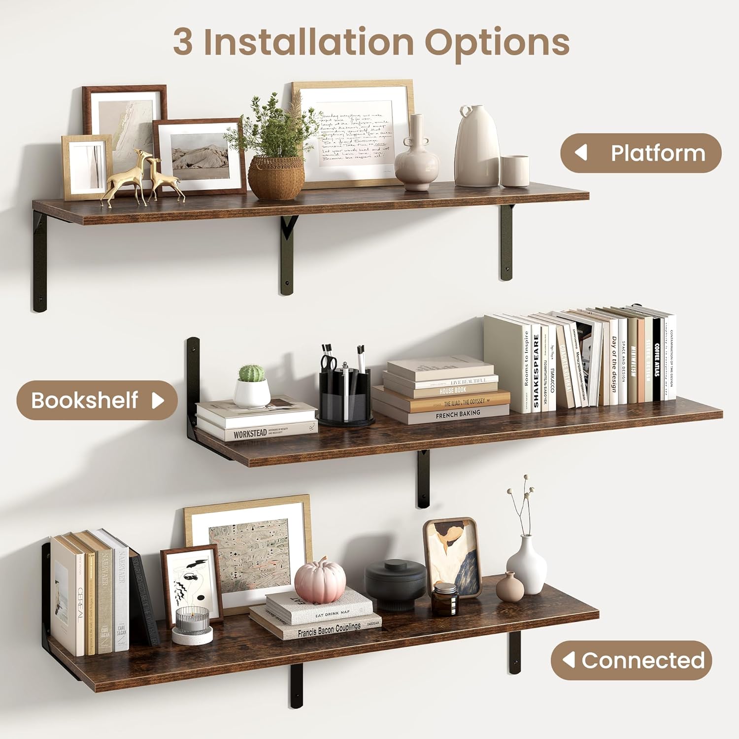 Fun Memories Rustic Brown 12 Inch Deep Floating Shelves Set of 2, Wall Mounted Shelf with Metal Brackets, Rustic Wood Wall Shelf for Bathroom, Kitchen and Living Room