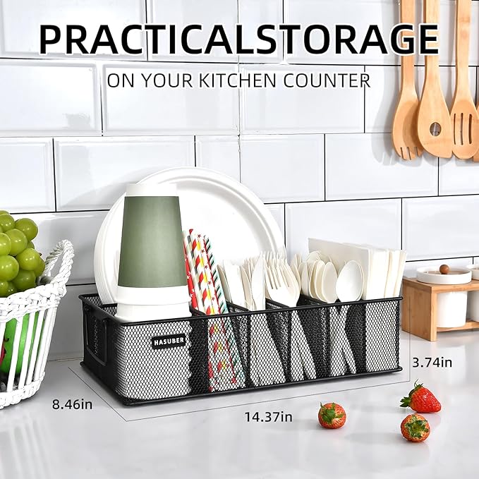 Silverware Organizer with Handle - Metal Utensil Caddy for Kitchen Counter, 7 Compartment for Plate, Cup, Napkin, Paper Plate Dispenser for Party, Picnic