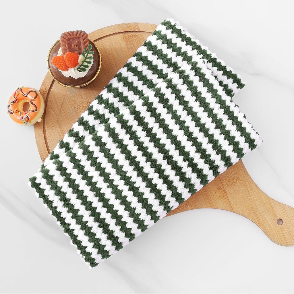 Homaxy Kitchen Towels(12 Pack, 10 x 20 inches), Ultra Soft and Absorbent Dish Towels, Reusable Fast Drying Microfiber Cleaning Cloth, Coral Velvet Wave Design No-lint, Grass Green