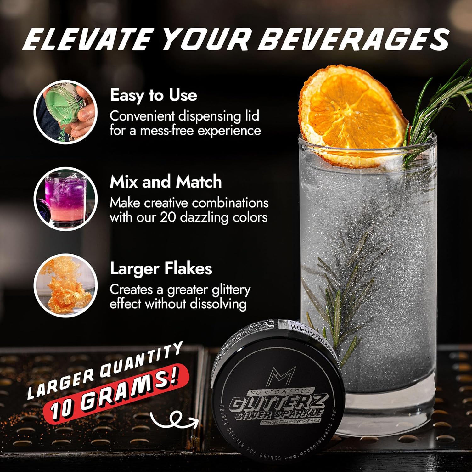 MONÉGASQUE Silver Edible Glitter for Drinks 10g – Silver Edible Glitter for Cakes – Halloween Cupcakes & Cake Decorating Sprinkles – Drink Shimmer Powder for Cocktails – Spray Cakes Decorations