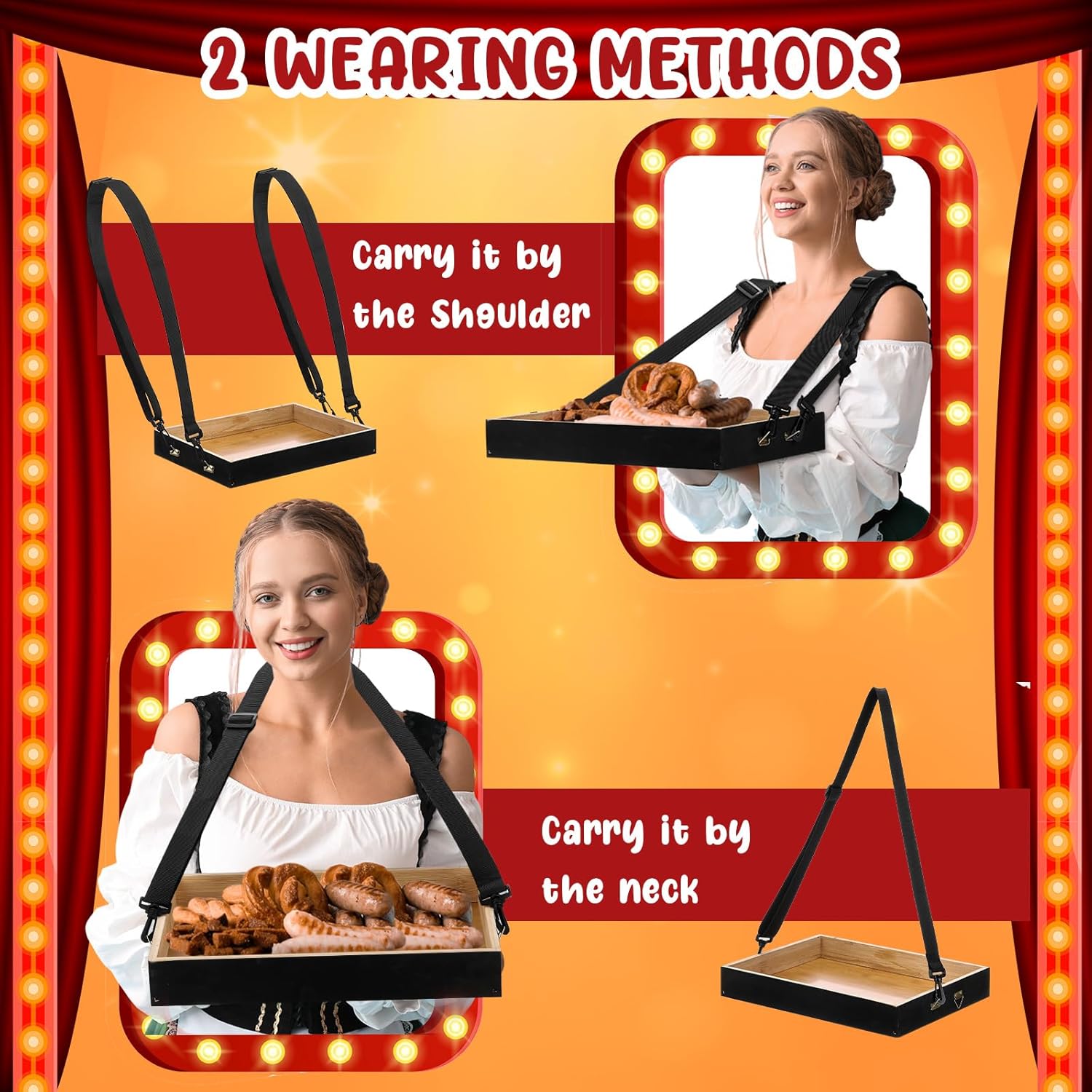 Marsui 2 Pcs Halloween Snack Trays with Straps 15 x 11 x 2 Inch Wooden Movie Night Snack Drink Trays Vendor Usherette Popcorn Drink Beverage Carrier for 20's Theme Carnival Party Costume(Black)