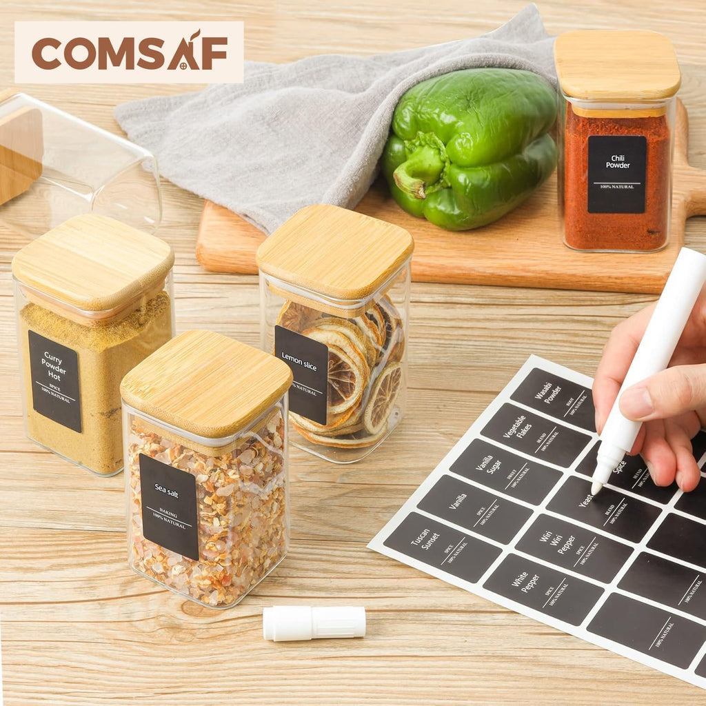 ComSaf Spice Jars with Labels 8 oz 16Pack, Small Spice Containers Starter Set, Glass Seasoning Jars with Lids, Square Seasoning Containers for Salt, Pepper, Chili Powder, Sugar, Loose Tea Storage
