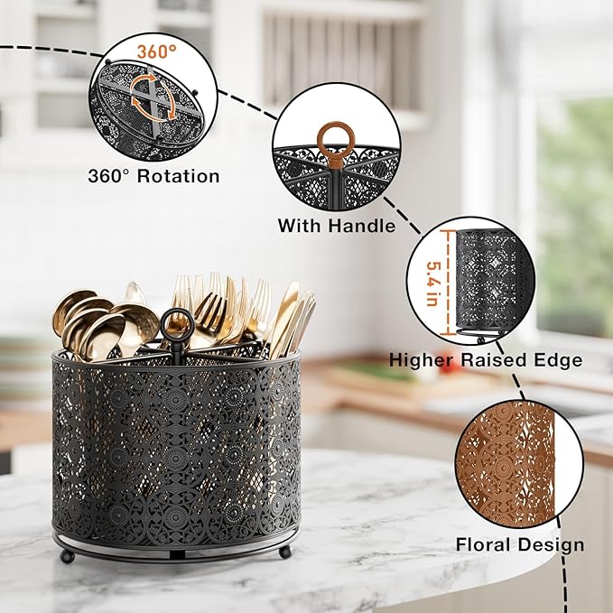 360° Rotating Utensil Caddy Countertop - Cutlery Silverware Caddy Holder with 4 Compartment - Higher Raised Flatware Organizer with Handle for Party Kitchen Counter Office Black