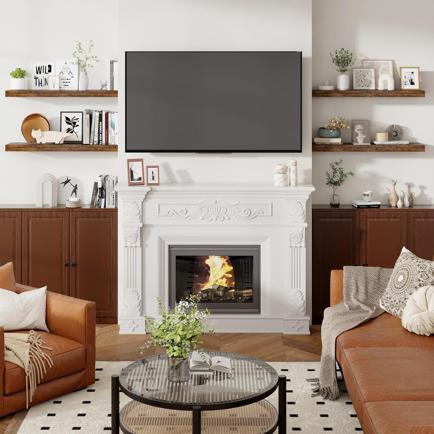 Heimlove 48 Inch Floating Shelves for Wall 8 Inch Deep Rustic Brown Shelves Set of 2,Wall Mounted Rustic Wood Long Floating Shelf，Large Display & Storage Shelf with Invisible Brackets