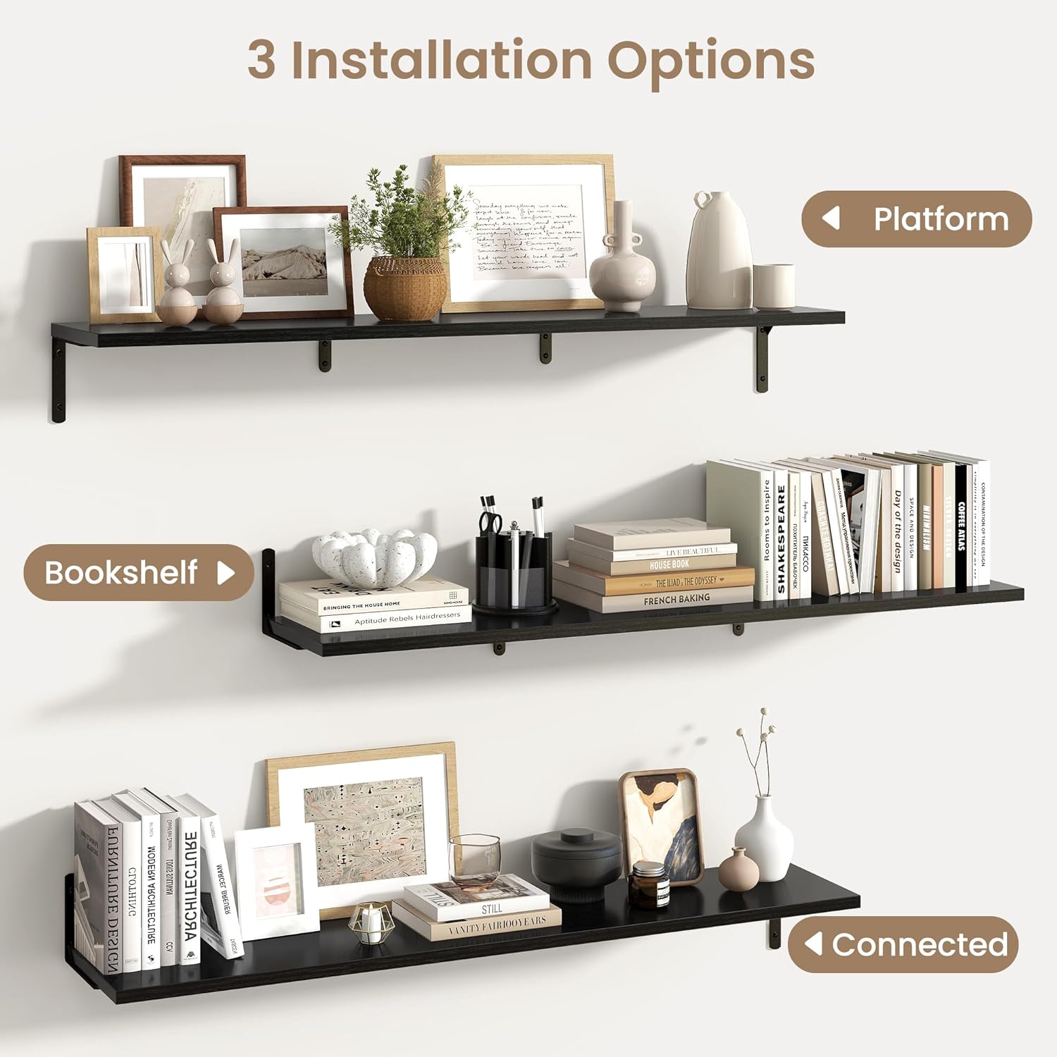 Fun Memories Deep Floating Shelves, 48W x 8D Floating Shelves Set of 2, Wall Mounted Shelf with Metal Brackets, Rustic Wood Wall Shelf for Bathroom, Kitchen and Living Room, Black