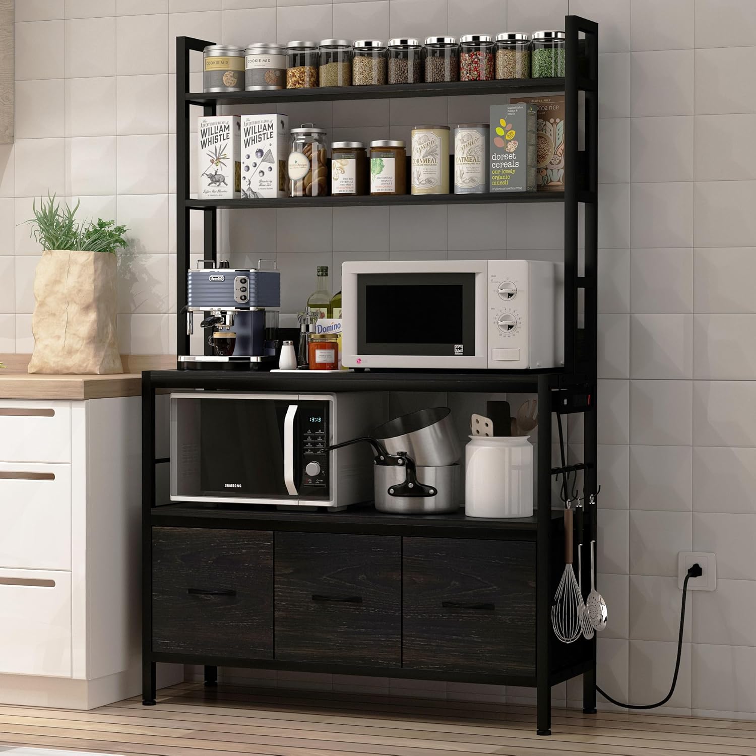 Bakers Rack with Power Outlet,5-Tier Free Standing Kitchen Storage Shelf Bakers Rack with Baskets,Industrial Microwave Oven Stand,Metal Kitchen Rack Organizer with Hooks(Black)