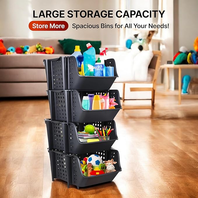 Skywin TidyFriend Plastic Stackable Storage Bins, 4 Pack Extra Large Open Front Bins for Toy, Pantry, Kitchen, and Bathroom Organization (Dark Grey)