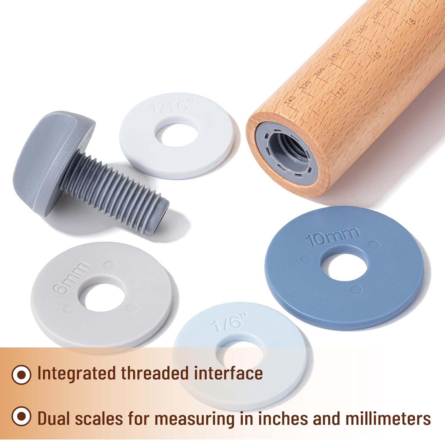 Bamboo Land- Adjustable Rolling Pin with Thickness Rings for Baking, 13.8", 4 Pastel Colored Thickness Rings (2-10 mm or 1/16"-3/8"), Wood Rolling Pins for Baking, Bread, Pizza & Cookie Doughs