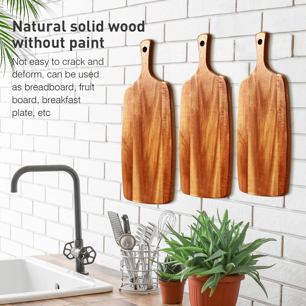 Kathfly 3 Pcs Acacia Wood Cutting Board with Handle Wooden Laser Kitchen Serving Charcuterie Board for Vegetables Meat Pizza Cheese Fruit Bread(17 x 7 Inch)