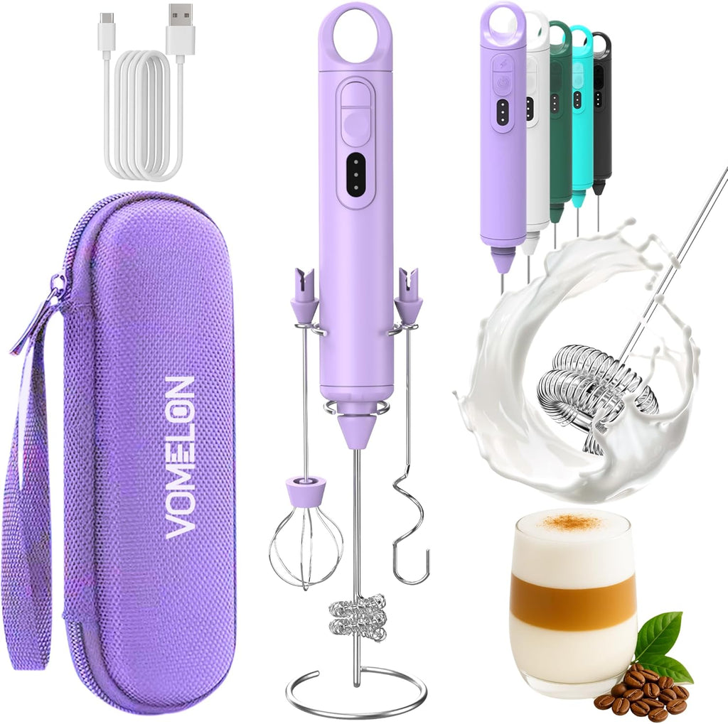 Rechargeable Milk Frother Handheld 3 Speed Coffee Foamer [3 Whisk] Electric Drink Mixer for Latte, Cappuccino, Coffee, Eggs, Hot Chocolate, Purple