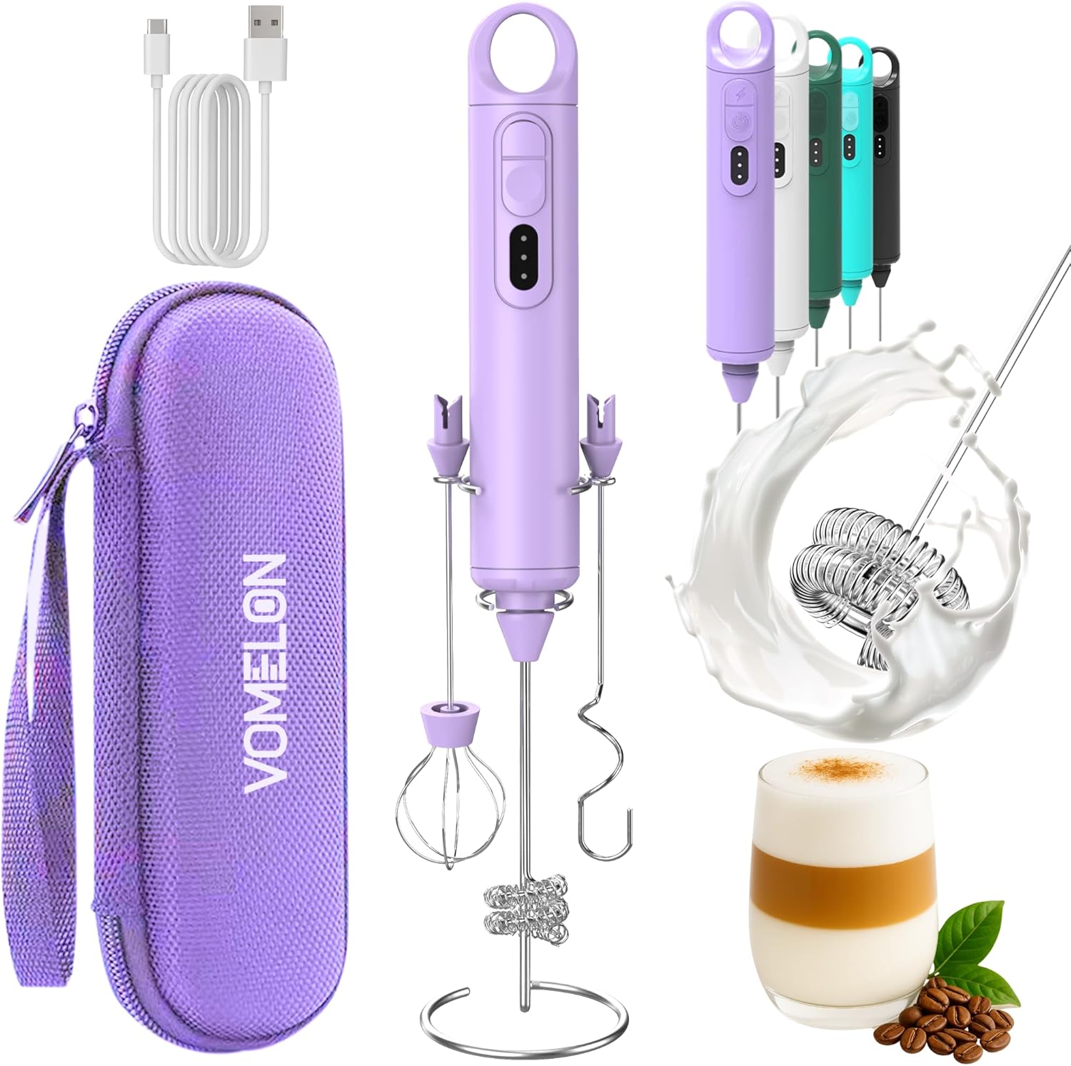 Rechargeable Milk Frother Handheld 3 Speed Coffee Foamer [3 Whisk] Electric Drink Mixer for Latte, Cappuccino, Coffee, Eggs, Hot Chocolate, Purple